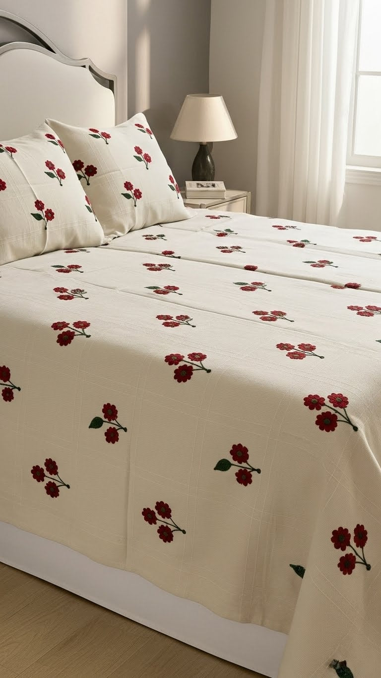 طقم ثلاث قطع كوفرتة مطرزة يدوياً